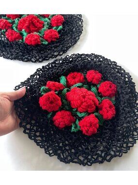 Vintage 1960s cushion pillow cover, price for one, crocheted roses, round, 16"